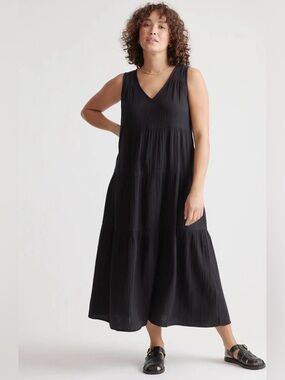 100% Organic Cotton Gauze Tiered Maxi Dress Sleeveless V-Neck Black size medium
